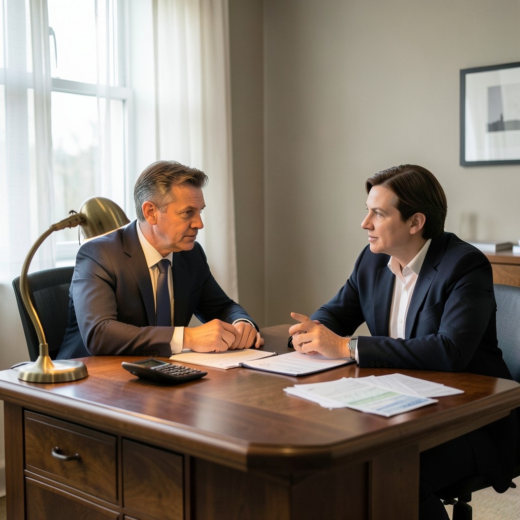 Consultant en droit du travail examinant un dossier de rupture conventionnelle avec un salarié