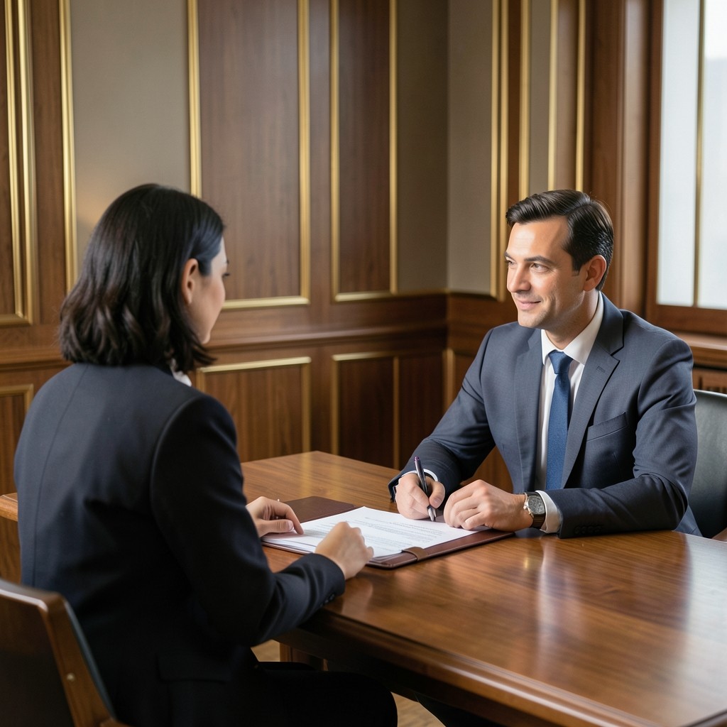 Première consultation entre un conseiller et une salariée dans un bureau à Bayeux