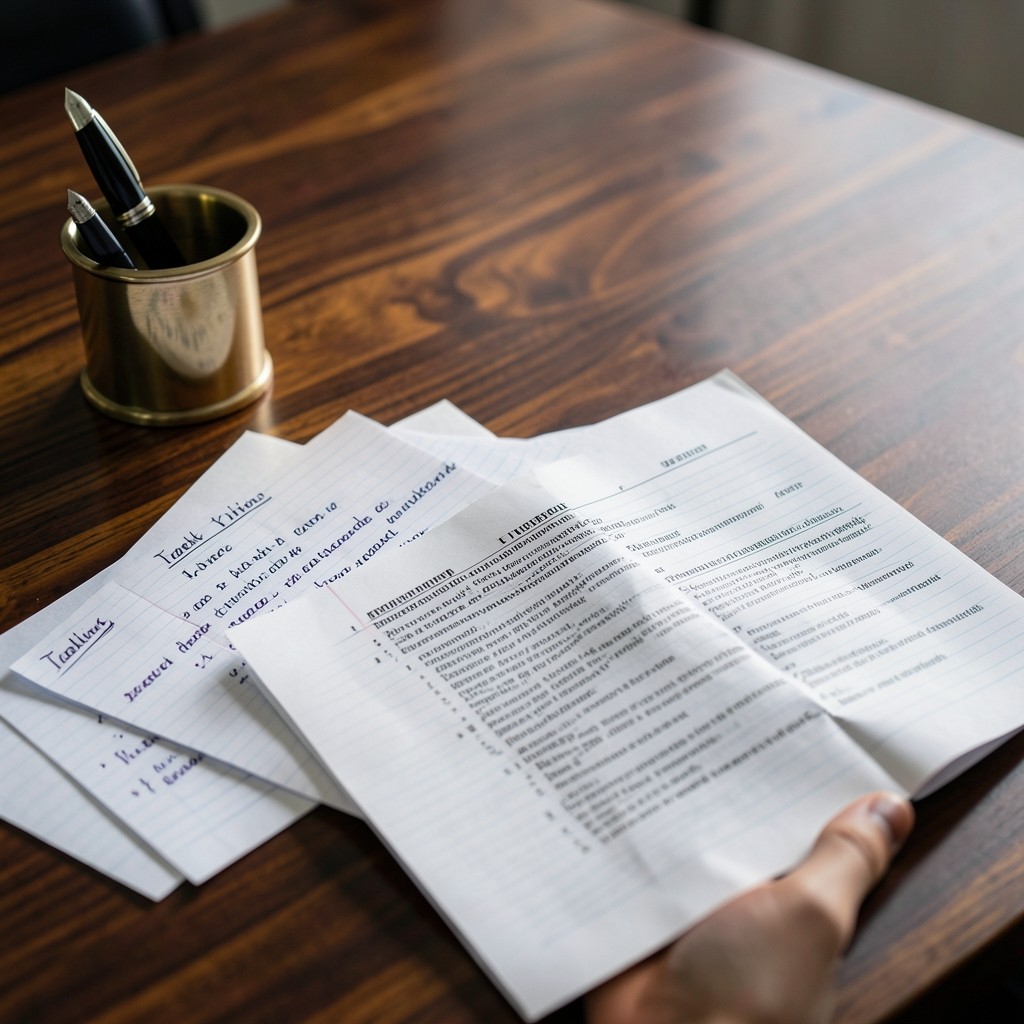 Préparation d'un entretien de négociation avec prise de notes sur un bureau en bois