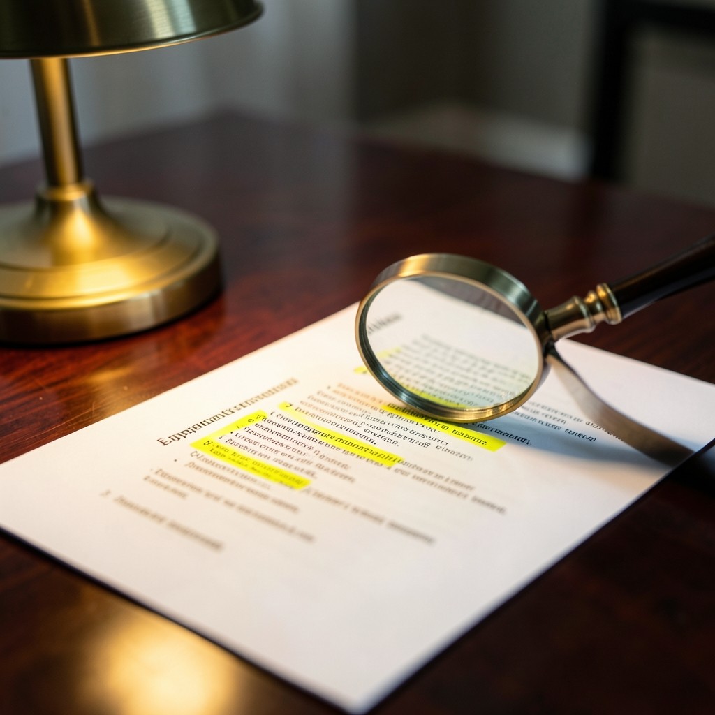 Relecture minutieuse d'un document juridique avec loupe sur un bureau en acajou